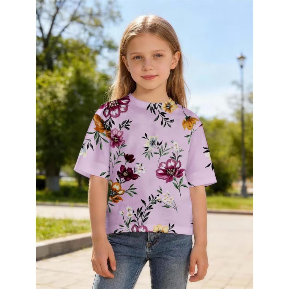 Summer Girl T-shirt Fashion Flower 3D Print Kids Short Sleeves T-Shirt Loose Casual Tops Outdoor Comfortable Girl Clothing