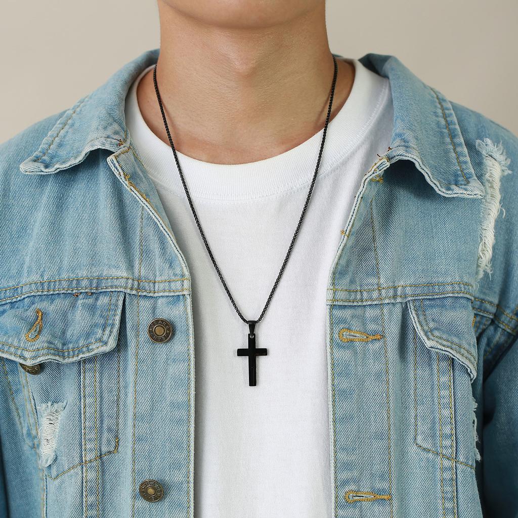 Plain Cross Necklace for Men, Silver Black Gold Color Stainless Steel Simple Cross Pendant Necklace Collar