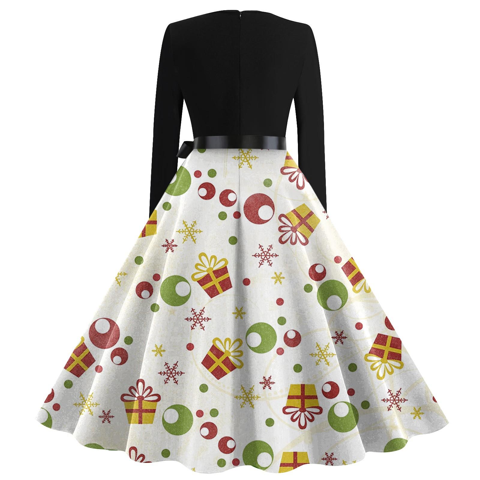 Женская мода винтаж с длинным рукавом квадратный вырез рождественский принт вечерние — фото 4