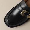 Fashion Women's New Spring and Autumn Round Head Genuine Leather Retro Mid Heel Large Metal Belt Buckle Oxford Single Shoes