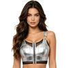 Dames Punk Stijl Crop Tanktop Metaalachtig Glanzend Doorzichtig Mesh Patchwork Verstelbare Bandjes Rits aan de Voorkant Cutout Vest