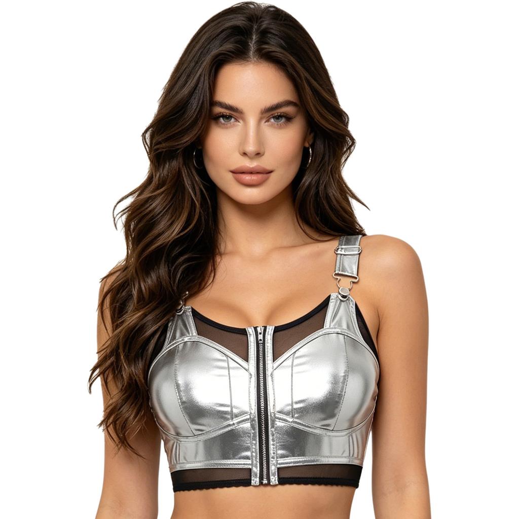 Dames Punk Stijl Crop Tanktop Metaalachtig Glanzend Doorzichtig Mesh Patchwork Verstelbare Bandjes Rits aan de Voorkant Cutout Vest