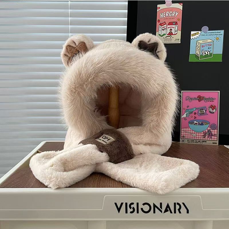 

Плюшевая милая шапка-медвежонок для девочки, зимняя теплая и утолщенная, комплект из двух частей, шарф для шеи, защита ушей, шарф-интегрированная плюшевая шапка