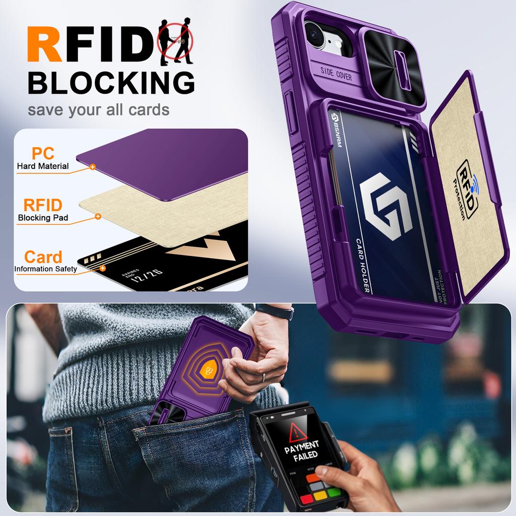With Card Holder Sliding Camera Cover And Stand For iPhone 16E / iPhone 17E Phone Case, Anti-Fall PC+TPU Wallet Case-Purple