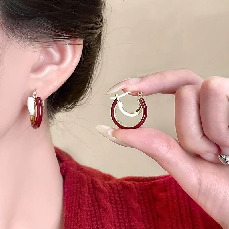 Cercei Ancola Roșu Argintiu Geometrici cu Picătură de Ulei - Modă Retro Manșete de Urechi High-End pentru Femei