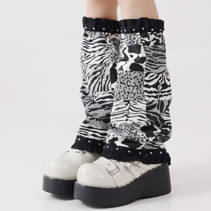 Punk Ruffled Trim Leg Warmers Subcultures Leopard Print Patchwork Denims Leg Cover Baggy Loose Flared Socks for Women