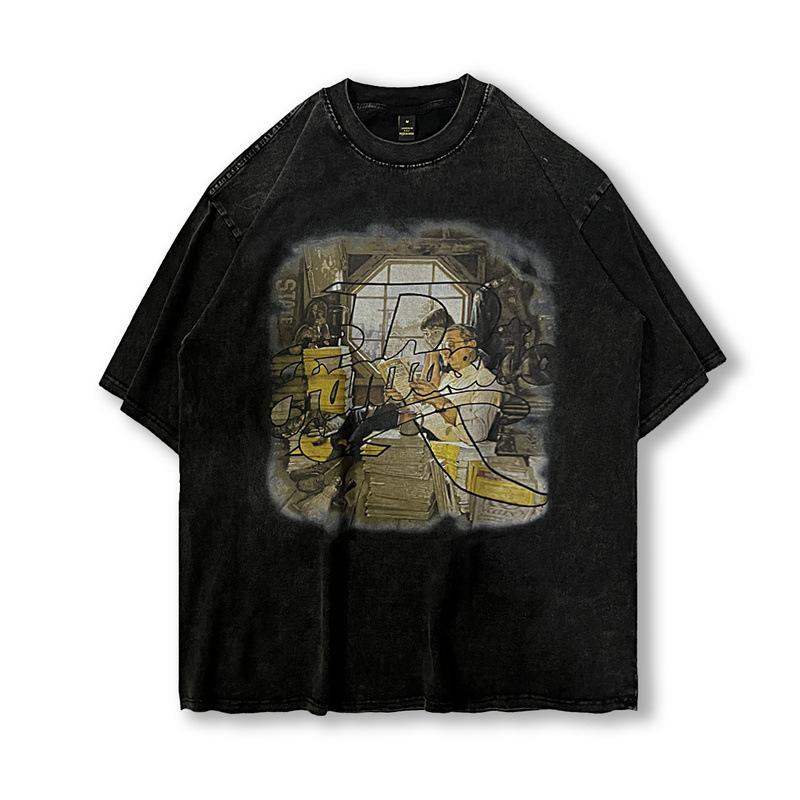 American Retro Street Vintage Cartoon Printing Washing Water Old Short-Sleeved T-Shirt Men'S And Women'S High Street National Tide Brand