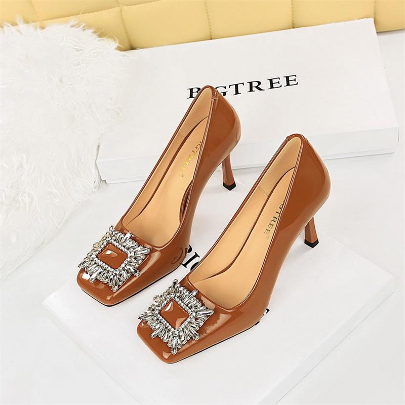 Fashion Elegant Women's Thin High Heels Shallow Mouth Cut Patent Leather Square Toe Metal Rhinestone Buckle Single Shoe