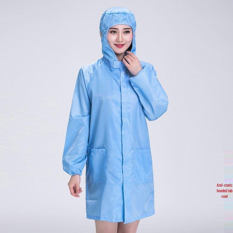 Unisex Anti-Static Dustproof Lab Coat with Hood - Long Sleeve, Blue/White for Cleanroom & Workshop.