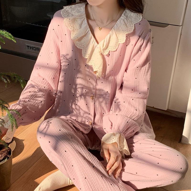 Ladies' Cartoon Pajama Set: Cotton Gauze, Long Sleeve & Pants, Thin Cardigan, Spring/Autumn Style.