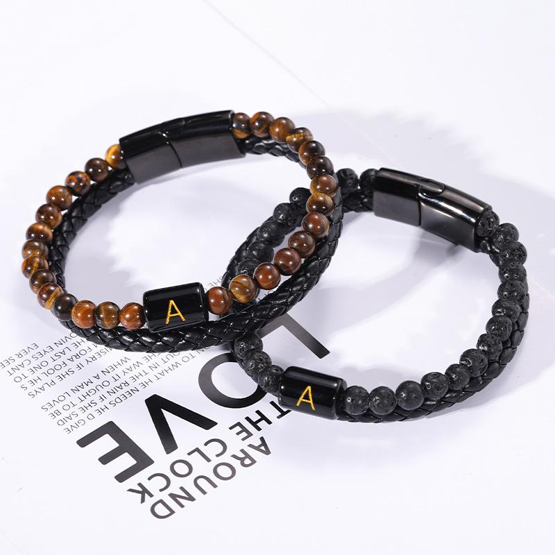 Vulkanstein Tigerauge Stein Schwarzer Achat Perlenarmband, Lederarmband, Buchstabenarmband