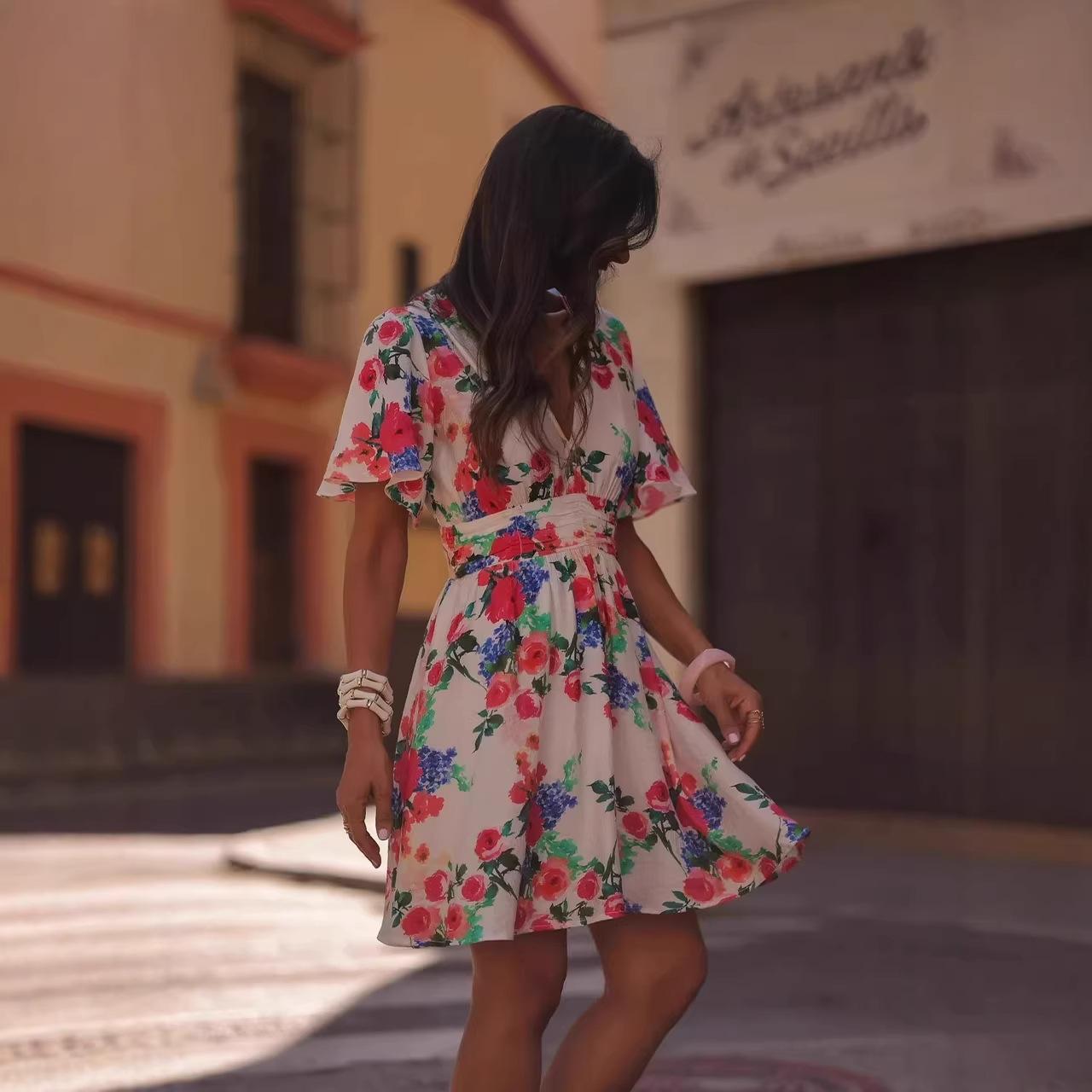 

Summer Women s Floral Print Mini Dress V Neck Short Sleeve High Waist A-Line Casual Vacation Beach Sundress Bohemian Party Dress S