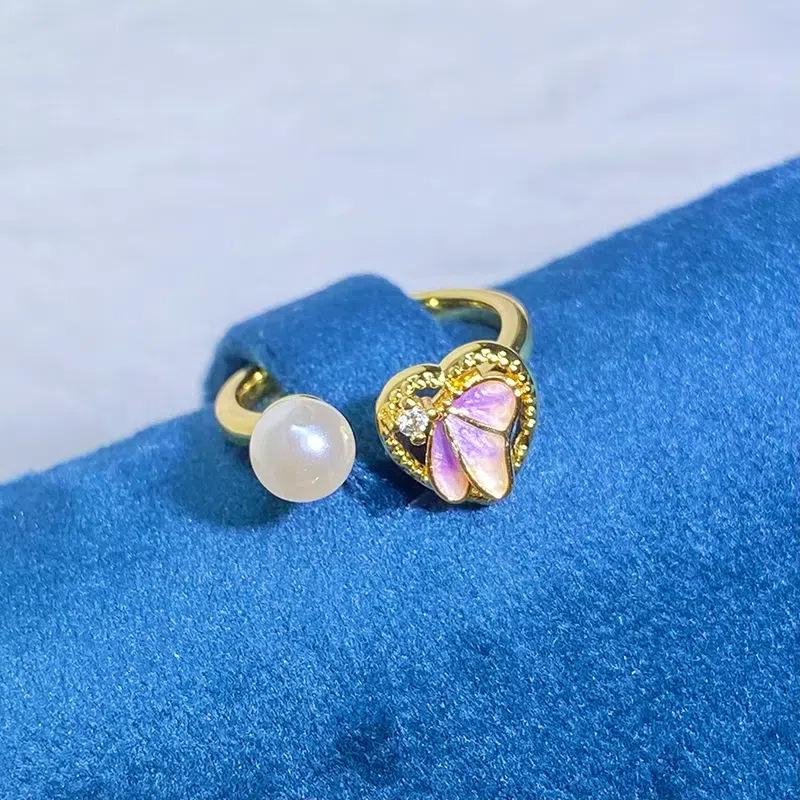 Spring And Summer Sea Blue Enamel Dripping Oil Flower Butterfly Opening Ring High Sense Personality Light Luxury Ring Women