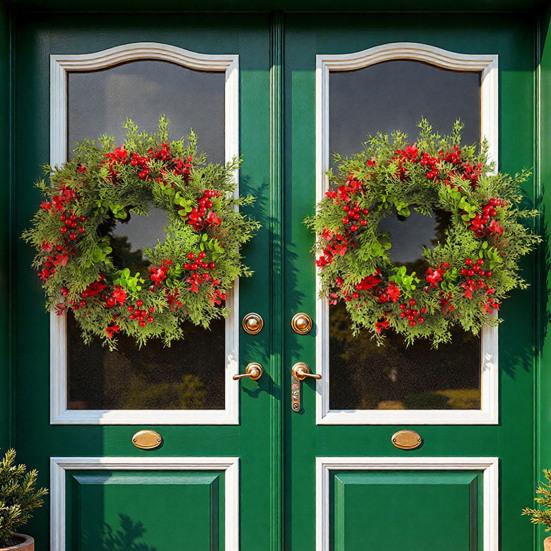 16 Inch Christmas Wreath with Red Berries Artificial Eucalyptus And Cedar Leaf Wreath for Holiday Front Door Wall Home Decoration