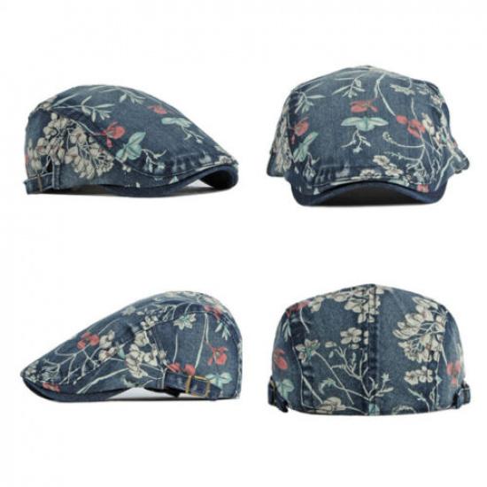 Retro Lady Denim Newsboy Cap Floral Print Beret Flat Hat Ethnic Cabbie Baker Boy