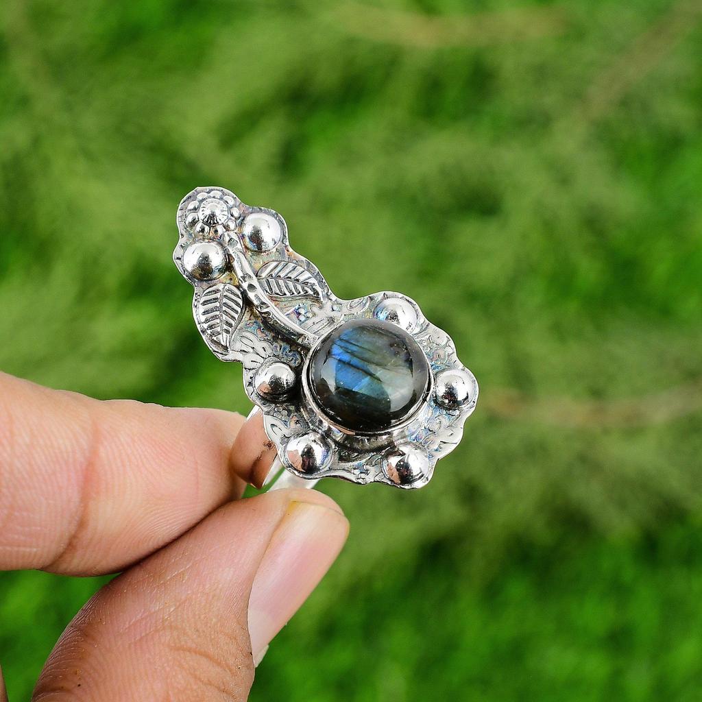 Sterling Silver Round Natural Labradorite Statement Bezel Flower Ring Jewelry