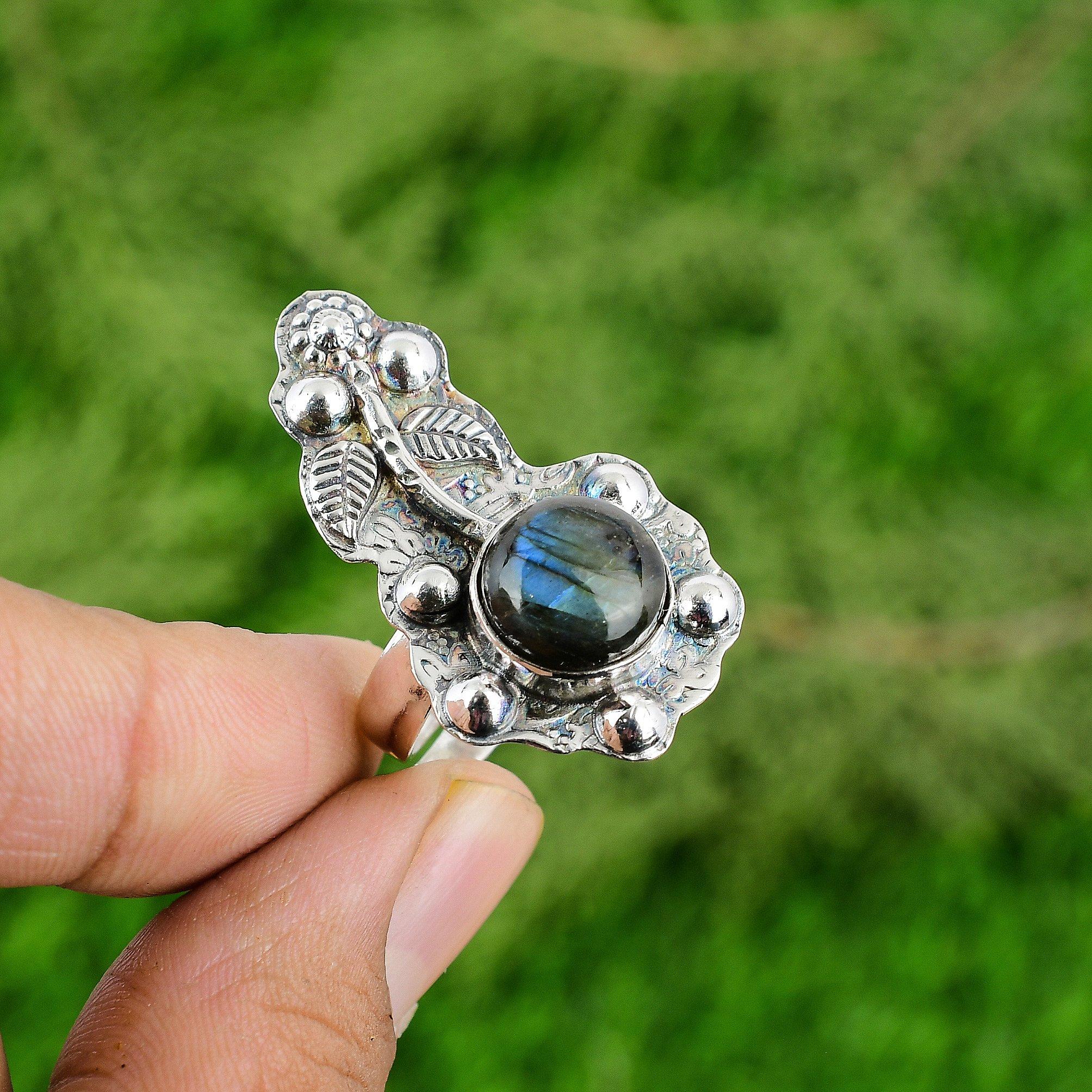 

Sterling Silver Round Natural Labradorite Statement Bezel Flower Ring Jewelry Adjustable
