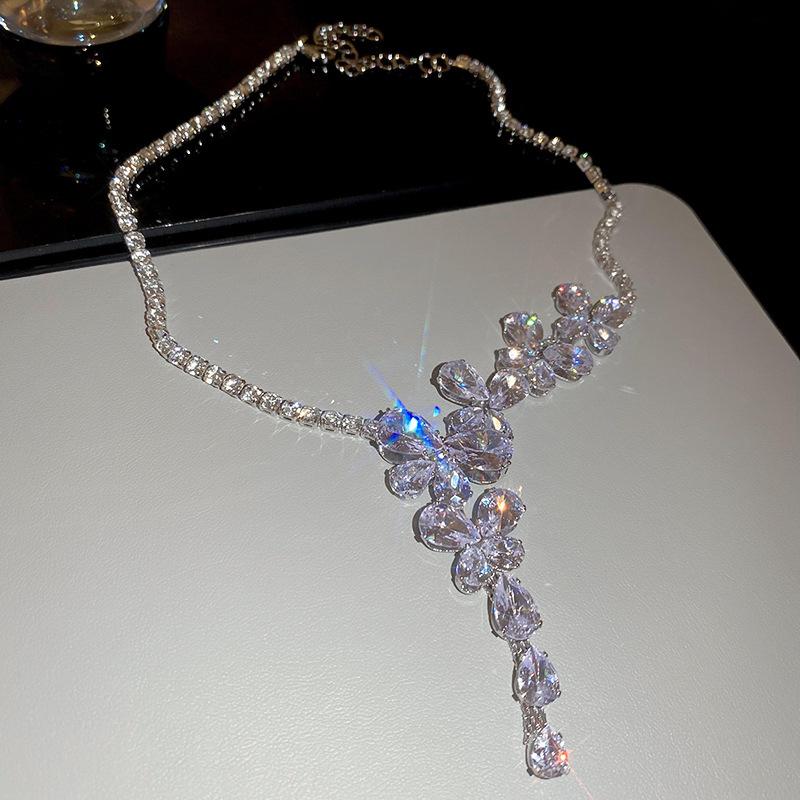 Silver Needle Zircon Butterfly Tassel Earrings & Necklace Set - Elegant Fashion Clavicle Chain for Weddings