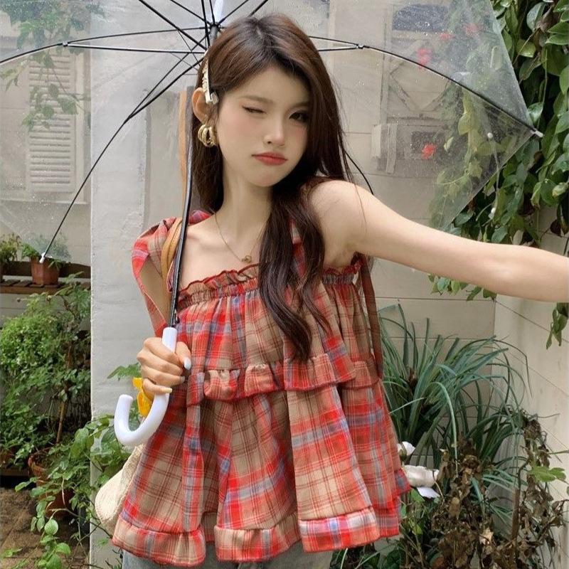 Contrast color Spice Girl plaid suspender vest women's summer new fungus edge design sense chic short top tide