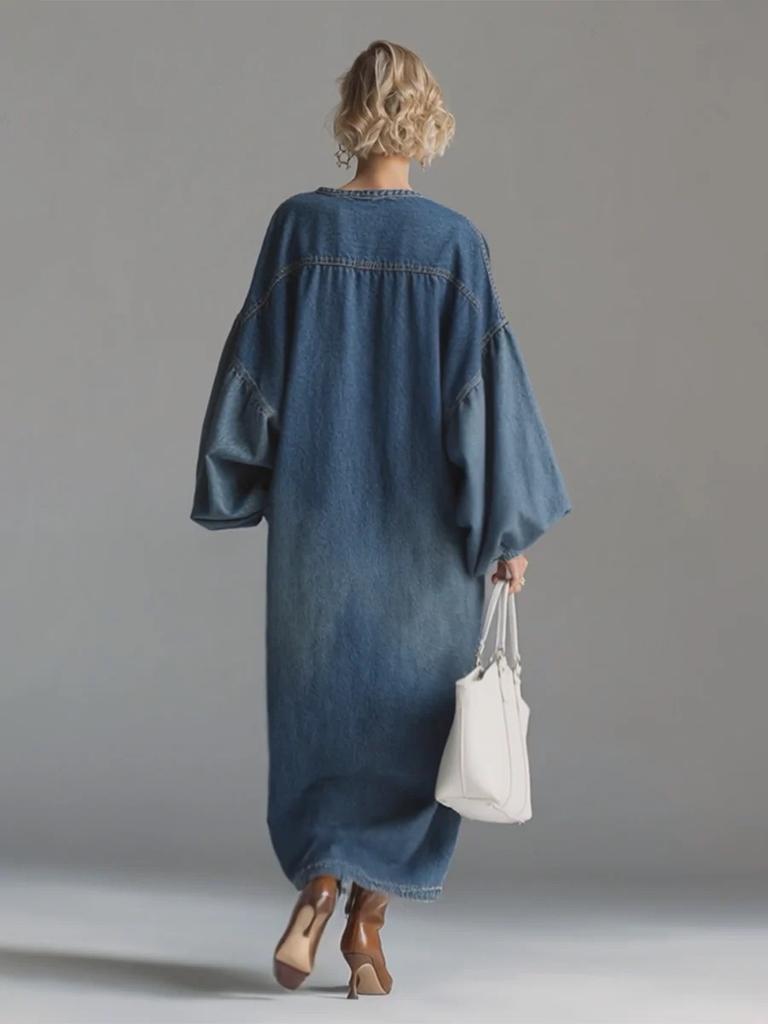 Distressed Polo Neck Long Sleeve Denim Maxi Dress for Women Spring New Retro Plus Size