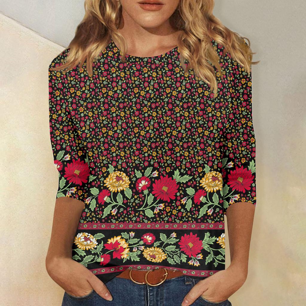 3/4 Sleeve Shirts For Women  Print Graphic Tees Blouses Casual Plus Size Basic Tops Pullover