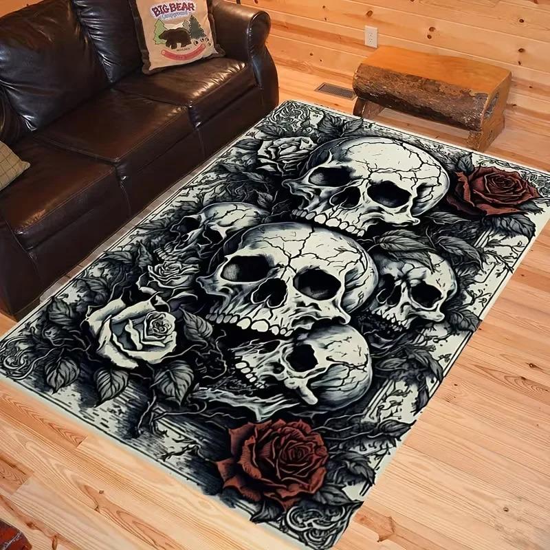 Home Living Room Carpet Gothic Personality Skull Print Floor Mat Non-Slip Foot Mat Flannel Super Soft Living Room Carpet