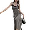 Temperament Contrasting Backless Knitted Suspender Dress Women's Spring Korean Version of the New Waist and Thin Medium and Long A-shaped Skirt