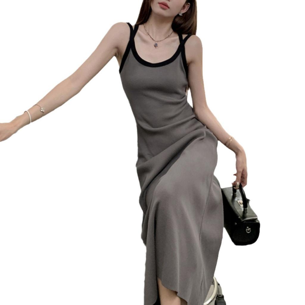 Temperament Contrasting Backless Knitted Suspender Dress Women's Spring Korean Version of the New Waist and Thin Medium and Long A-shaped Skirt