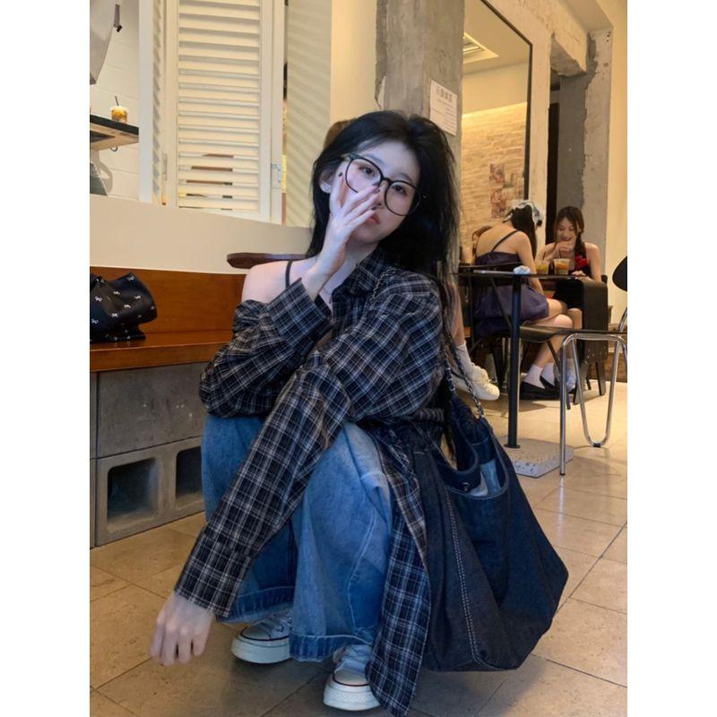 Kumikumi American Retro Gingham Polo Collar Shirt Coat Women's Clothing Early Autumn Mid Length Long Length BF Style Loose Tops