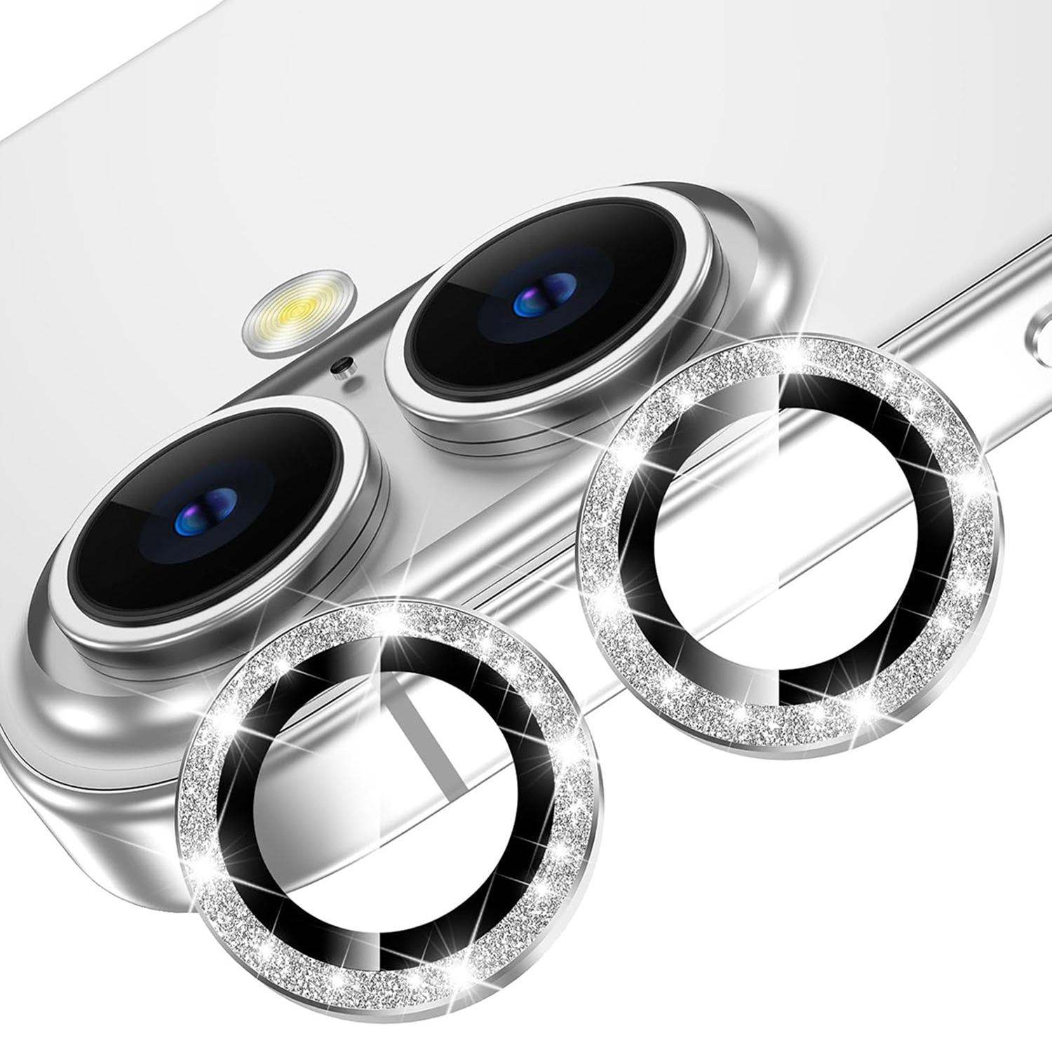 For iPhone 16/16 Plus Glitter Camera Lens Film Metal Ring+Tempered Glass Phone Lens Protector A