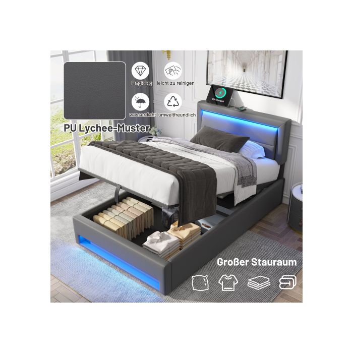 Lit rembourré - MUVOE - 90 x 190 cm - USB - Éclairage LED - Espace de rangement