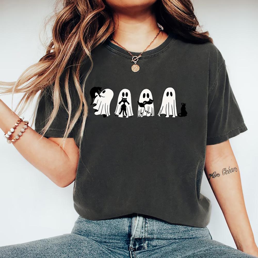 Halloween Black Cat and Ghost Tshirt Halloween Ghost Tshirt Spooky Season Cat Tee Cute Women Graphic T Shirts Halloween Gift