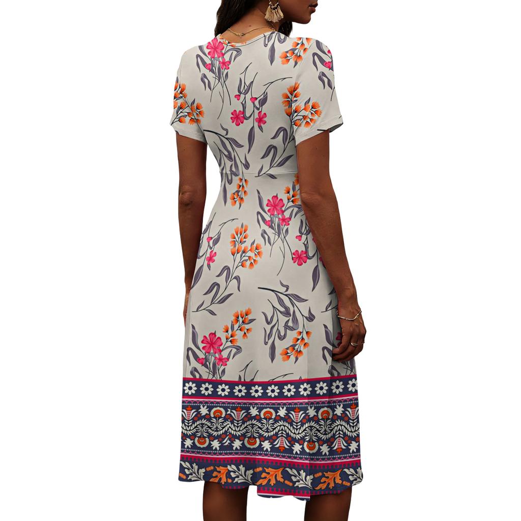 Damen-Kleid mit Blumenmuster, lässig und modisch, kurzärmelig, V-Ausschnitt