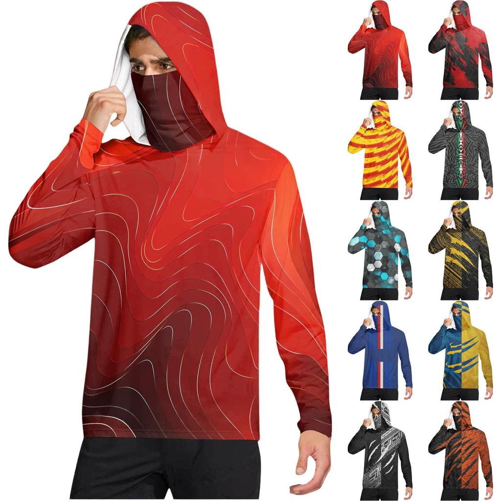 Men's Casual Geometric Print Hooded Long Sleeve Sun Protection Shirt Lightweight Breathable Fabric for Outdoor Activities