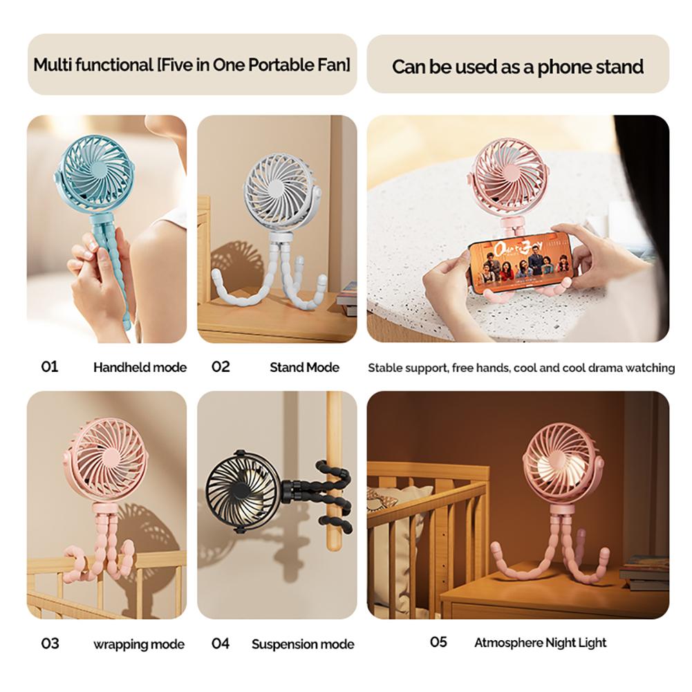 Portable Rechargeable 3-speed Fan Baby Stroller Bed Mute Fan Variable Base Octopus Mini Fan Office Desktop Hands Free Fan