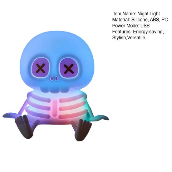 Skull Silicone Night Light with USB Charging Cute Spooky Bedside Lamp for Kids 2-Level Dimmable Soft Squeezable Fun Sensory Toy Lamp for Boys Girls