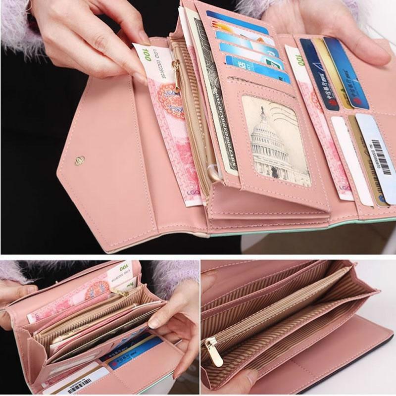 Portafoglio da donna con ricamo Portafoglio da donna in pelle con pochette tri-fold Portafogli lunghi Portamonete Borsa a mano Busta con fibbia