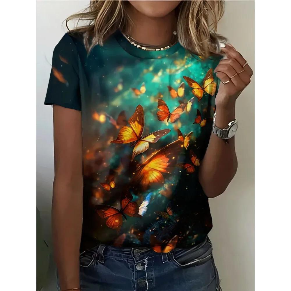 Summer Fashion Short Sleeved T-shirt Colorful Creative 3D Printed Women's Round Neck Casual Sports Comfortable Soft Large Loose Breathable T-shirt