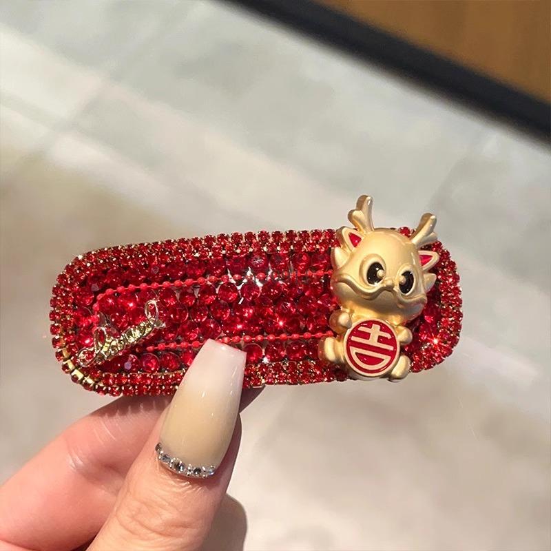 Fashion Animal Zodiac Dragon Hair Clip New Year Headwear Chinese Style Red Rhinestone Hairpin Headdress Hair Accessories Female