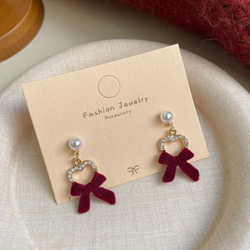 Cute Red Bow Flocking Earrings Simple Elegant Exquisite Sweet Festive Earrings Ear Studs Jewelry Accessories New Year Gifts
