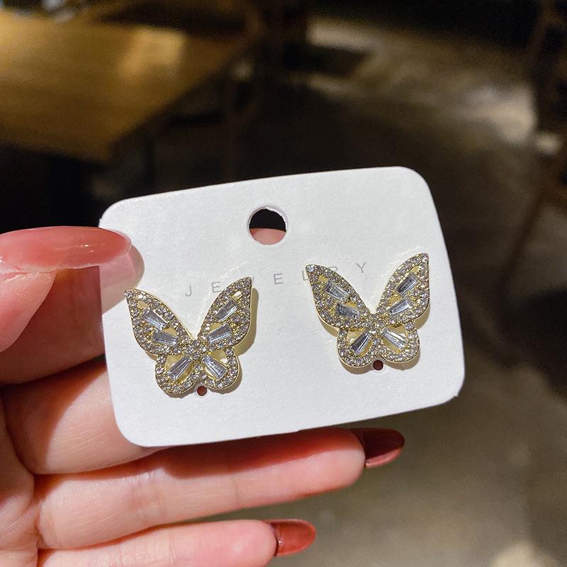 JWER Bling Earrings For Women Butterfly Zircon Ear Jewelry Vintage Wedding Earrings Student Ladies Silvery Wholesale Female
