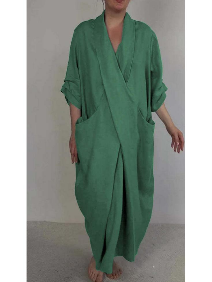 2026 Autumn Linen V-Neck Bathrobe Dress with Pockets - Solid Color, Casual, Loose, Slit Design