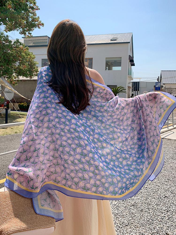 Summer Women Silk Scarf Beach Long Wrap Shawl Vintage Sweet Floral Lady Sunscreen Boho Bandana Hijab Mujer Scarve Pareo Foulard