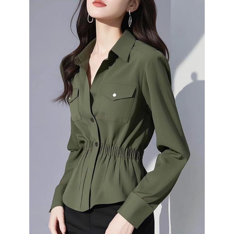 Spring French High-end Temperament Top Fashionable Army Green Shirt