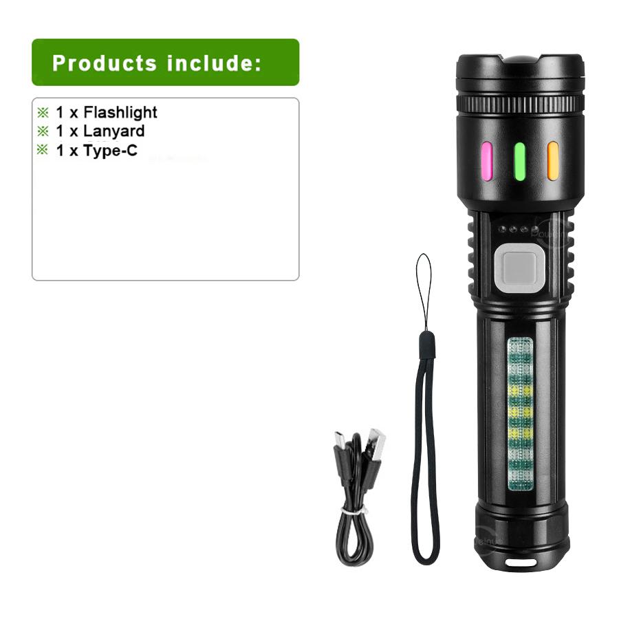

Портативный светодиодный фонарик с COB-лампой, масштабируемая лампа, мощный световой фонарик, перезаряжаемый через USB, для походов на свежем воздухе чёрный