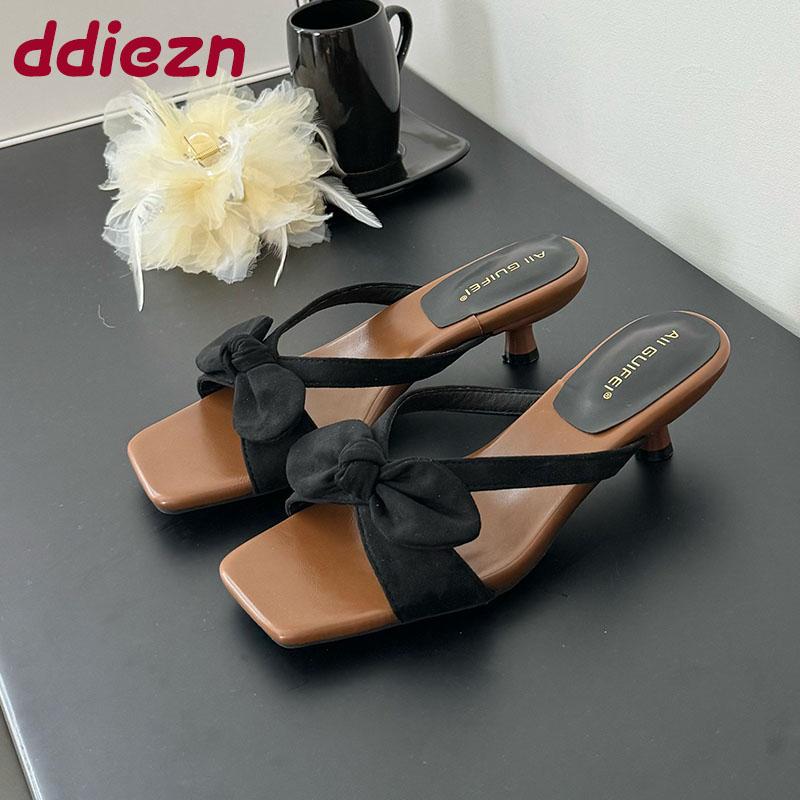 Fashion Low Heel Female Slides Women Slippers Shoes Luxury Footwear Fashion Butterfly-Knot Ladies Heeled Slippers Sandals Shoes Pumps