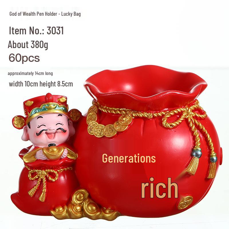 Fortune Piggy Bank: God of Wealth Pen Holder & Flower Arrangement - Lucky Bag Decor, Office Storage, New Year Gift