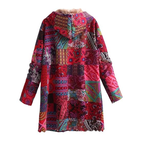 Manteau Vintage Style Ethnique Doublé Sherpa pour Femmes Manches Longues Imprimé Floral Veste Polaire Automne Hiver Fermeture Éclair Capuche Vêtement d'Extérieur