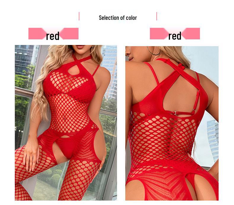 Cross-Border Sexy Criss-Cross Halter Open Crotch Fishnet Bodystocking with Stockings
