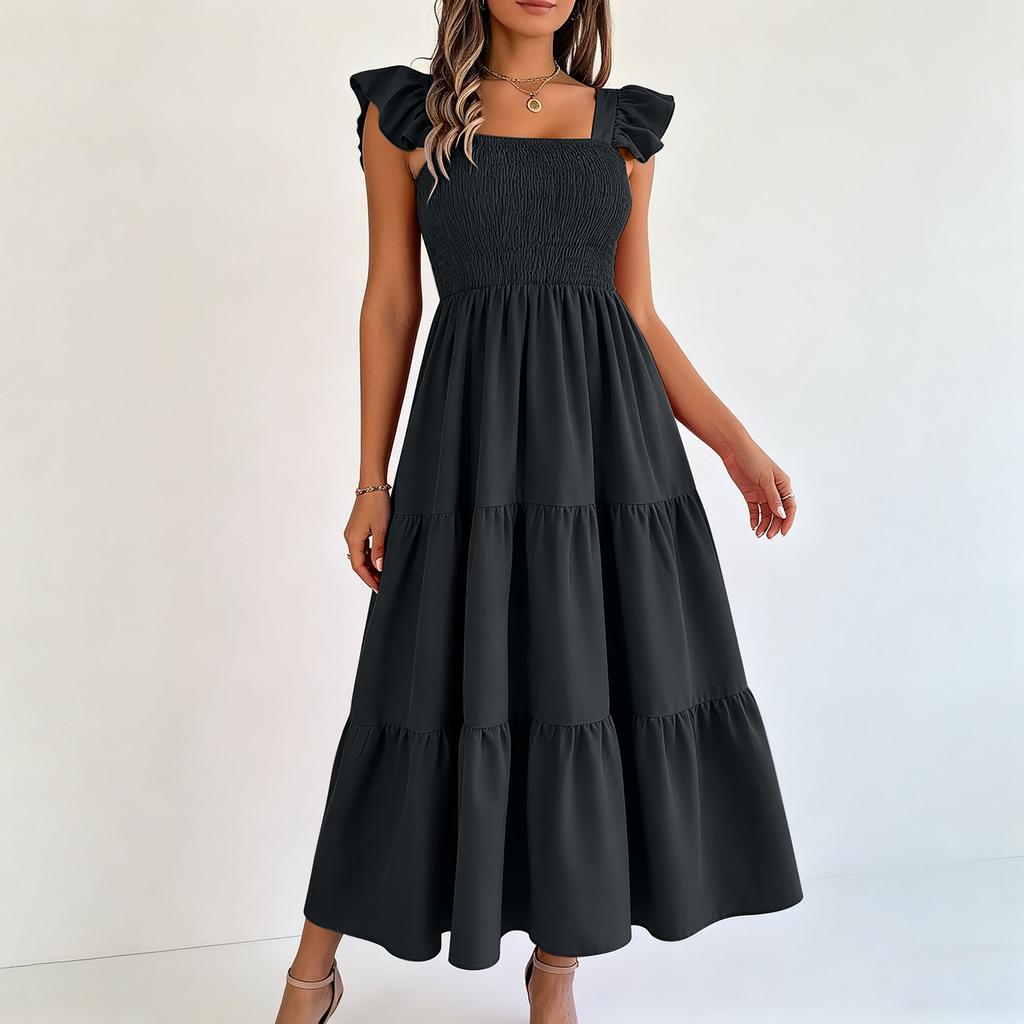 Women’s Ruffle Sleeve Square Neck Smocked Bodice Tiered Maxi Dress Casual Loose Fit Summer Dress